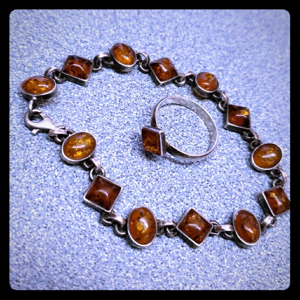 Vintage Sterling Silver Amber Bracelet & Ring Set